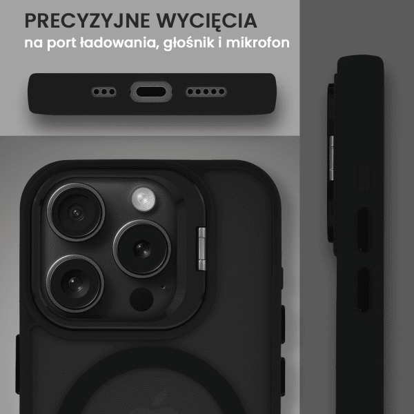 etui do iphone 15 pro max arctic stand, półprzeźroczyste, z osłoną aparatu i podstawką, czarne