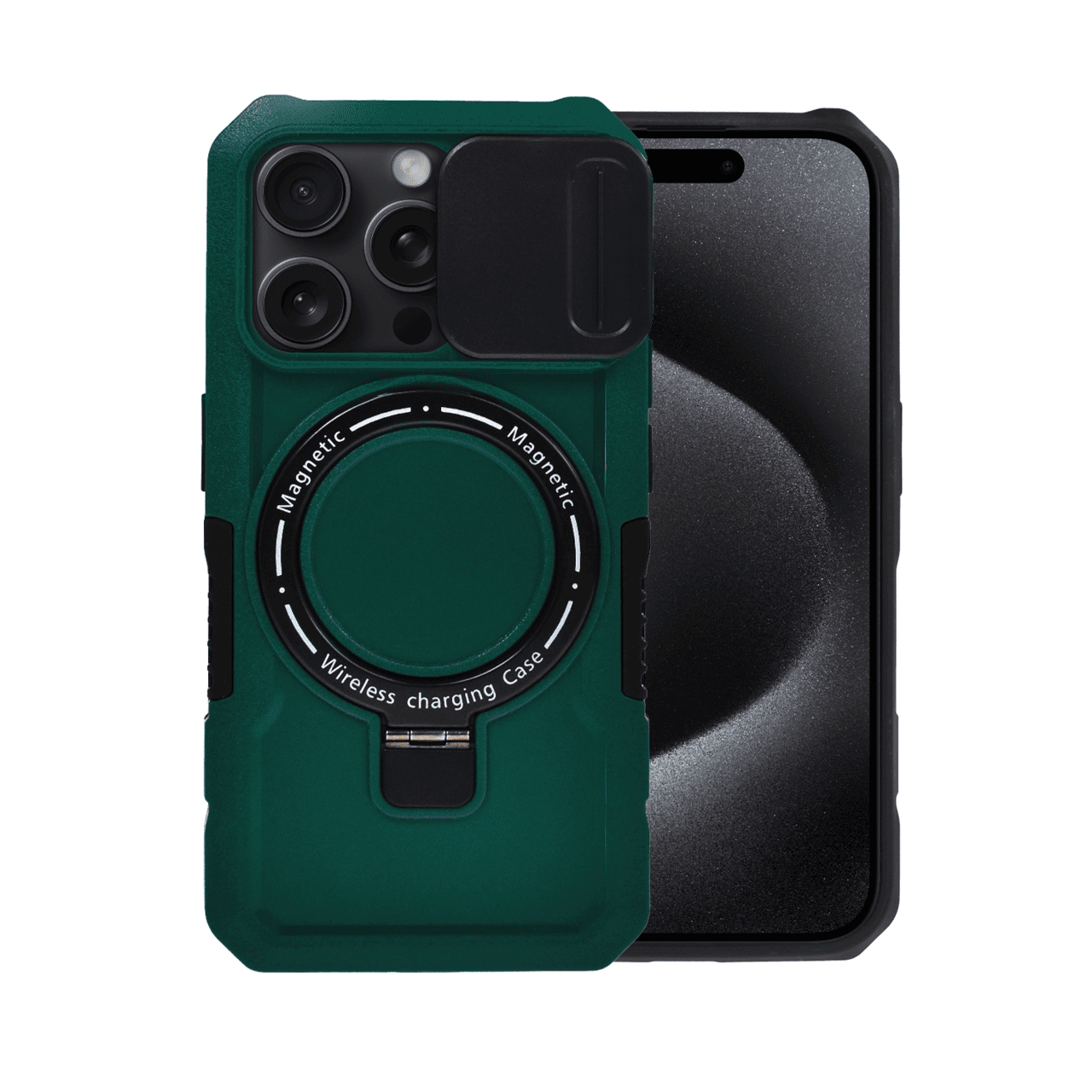 etui do iphone 15 pro max magsafe slide camera stand pancerne, osłona kamery z podstawką, zielone