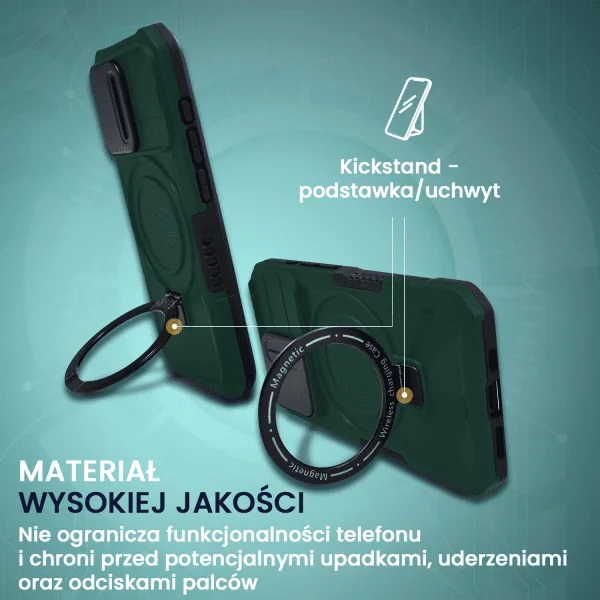 etui do iphone 15 pro max magsafe slide camera stand pancerne, osłona kamery z podstawką, zielone