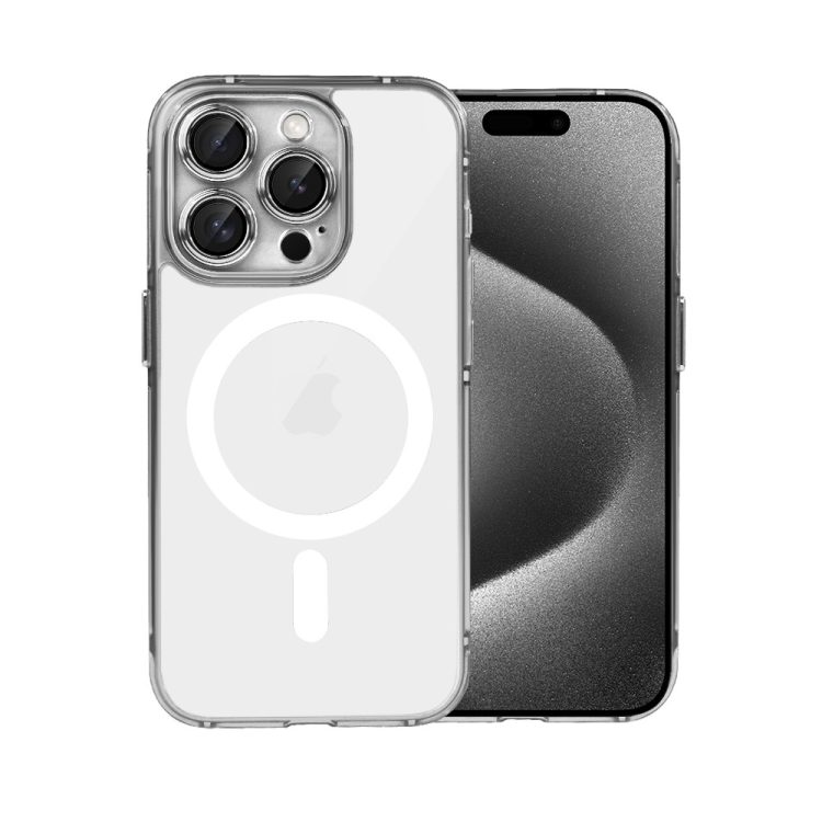 etui do iphone 15 pro max cienkie, wzmocnione, z ochroną anti shock oraz głośników, srebrne