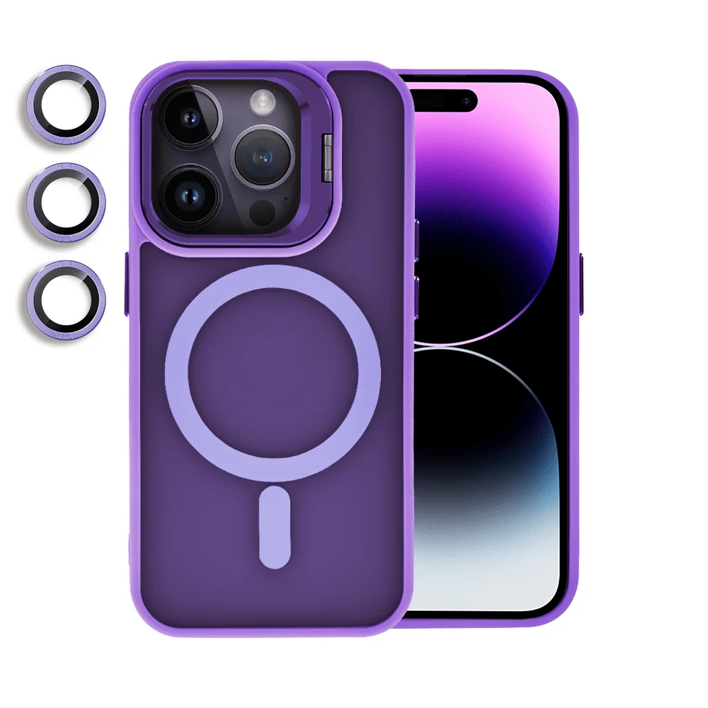 etui do iphone 14 pro 3w1 arctic stand, półprzeźroczyste, z osłoną aparatu i podstawką, purpurowe