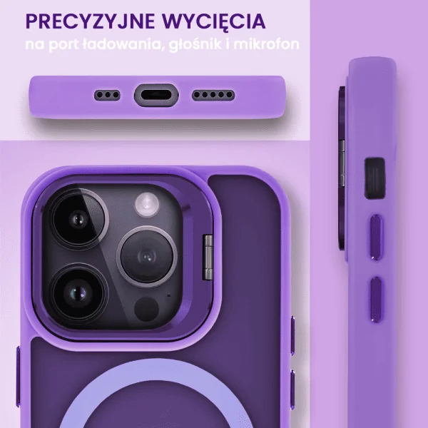 etui do iphone 14 pro 3w1 arctic stand, półprzeźroczyste, z osłoną aparatu i podstawką, purpurowe