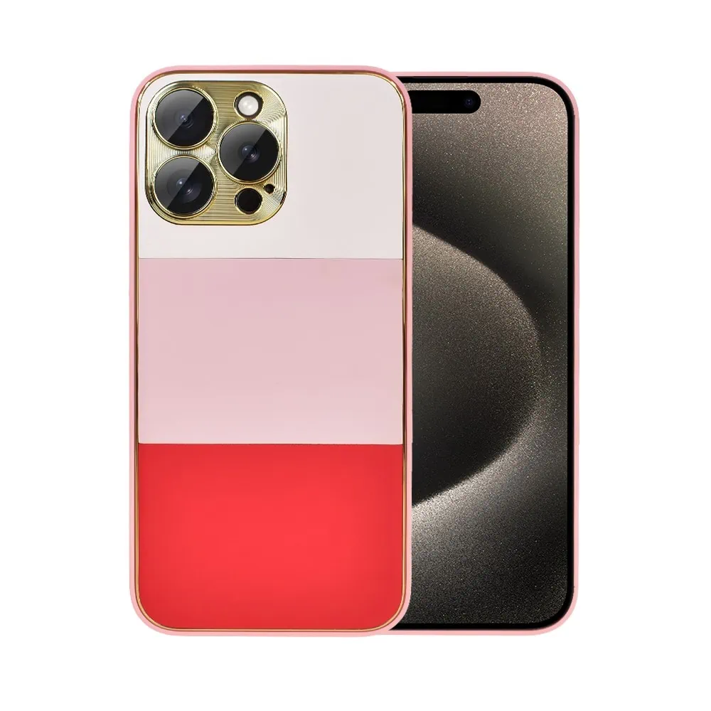 Etui do iPhone 15 Pro Tricolori eleganckie ze złotą osłoną kamery oraz zdobieniami, piękno różu (OUTLET)