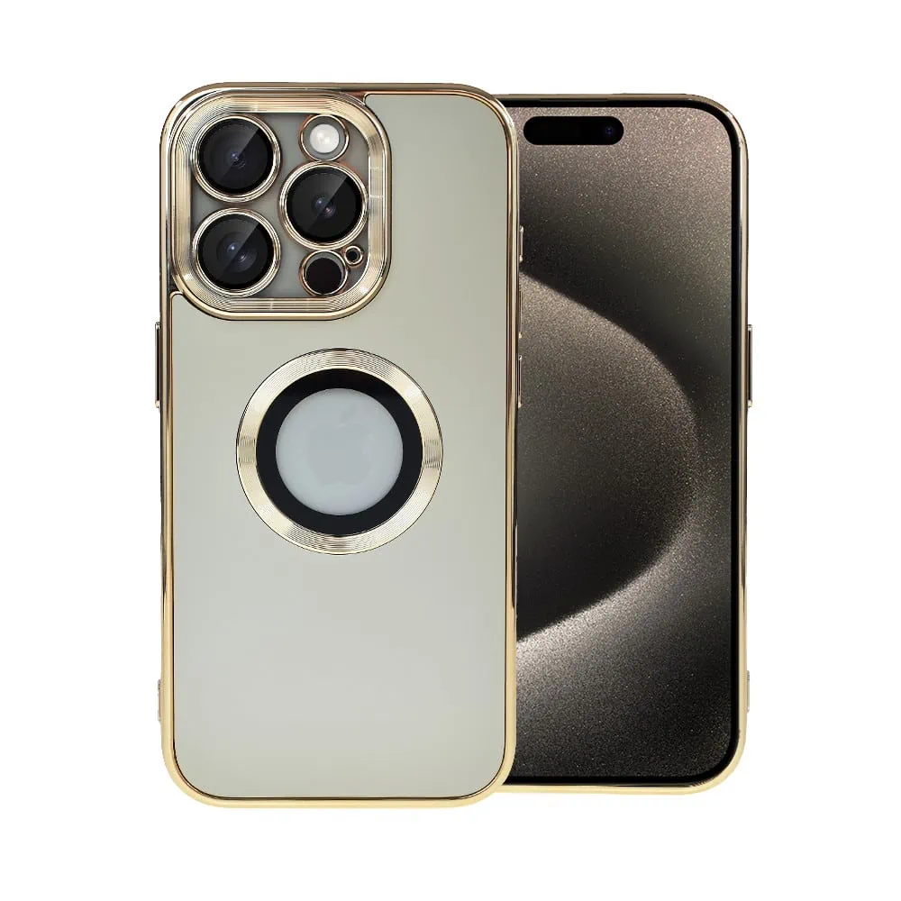 etui do iphone 15 pro max cienkie, eleganckie, z osłoną aparatu i widocznym logo, złote