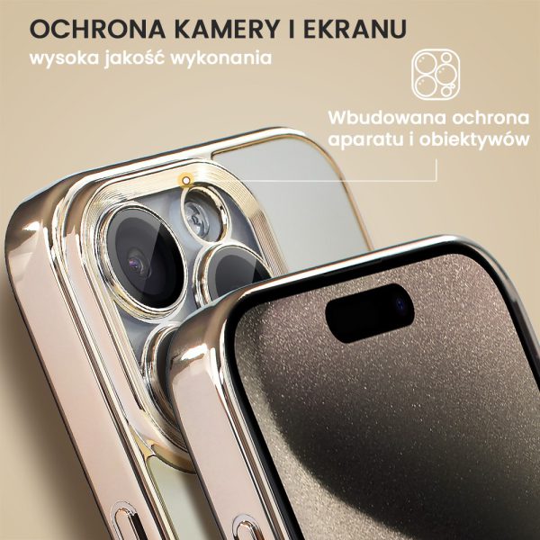 etui do iphone 15 pro max cienkie, eleganckie, z osłoną aparatu i widocznym logo, złote