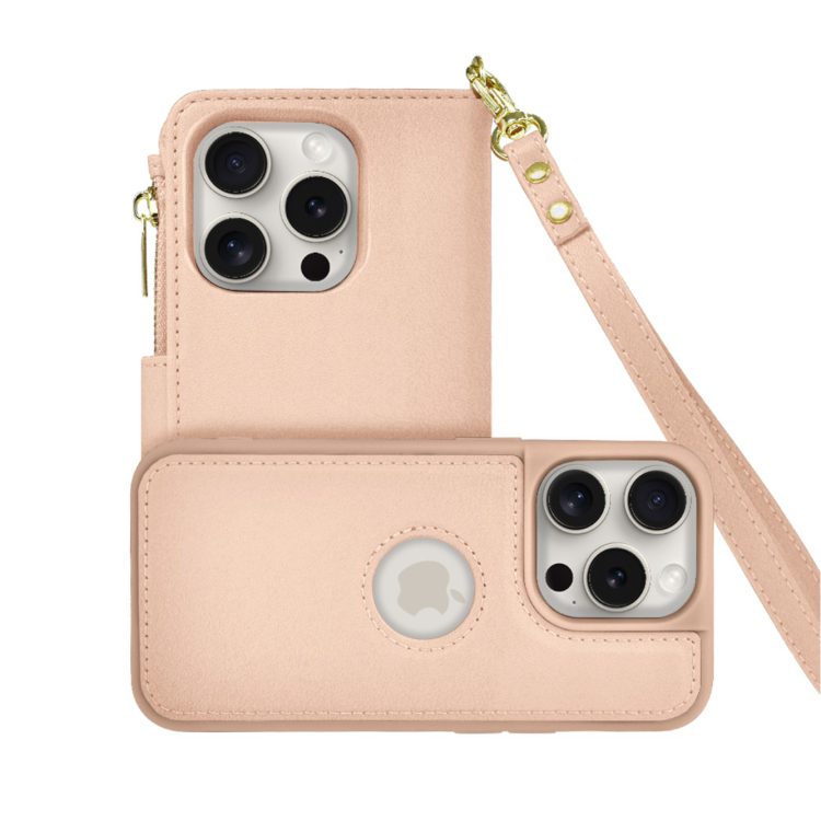 etui do iphone 15 pro 2w1 magsafe double wallet, zestaw etui oraz kabura ze smyczą, różowe