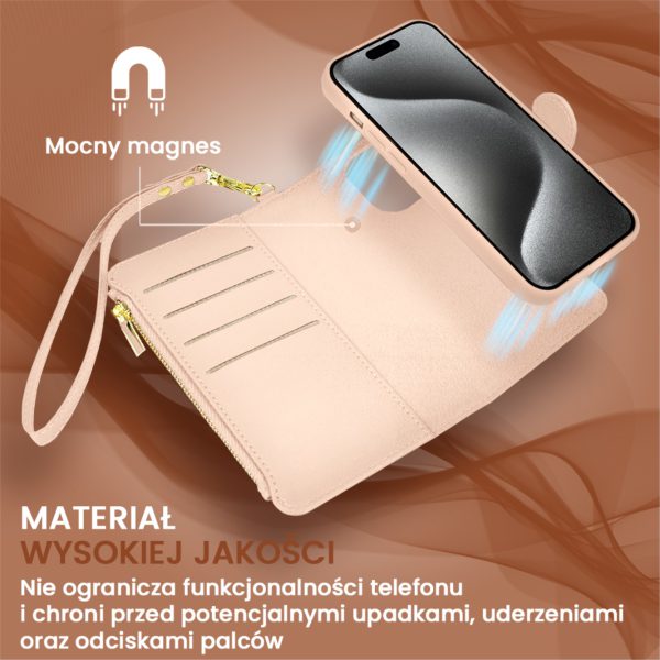 etui do iphone 15 pro 2w1 magsafe double wallet, zestaw etui oraz kabura ze smyczą, różowe