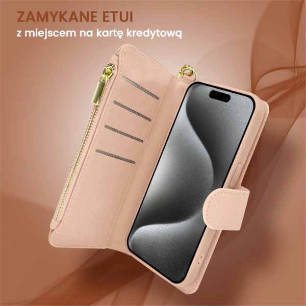 etui do iphone 15 pro 2w1 magsafe double wallet, zestaw etui oraz kabura ze smyczą, różowe