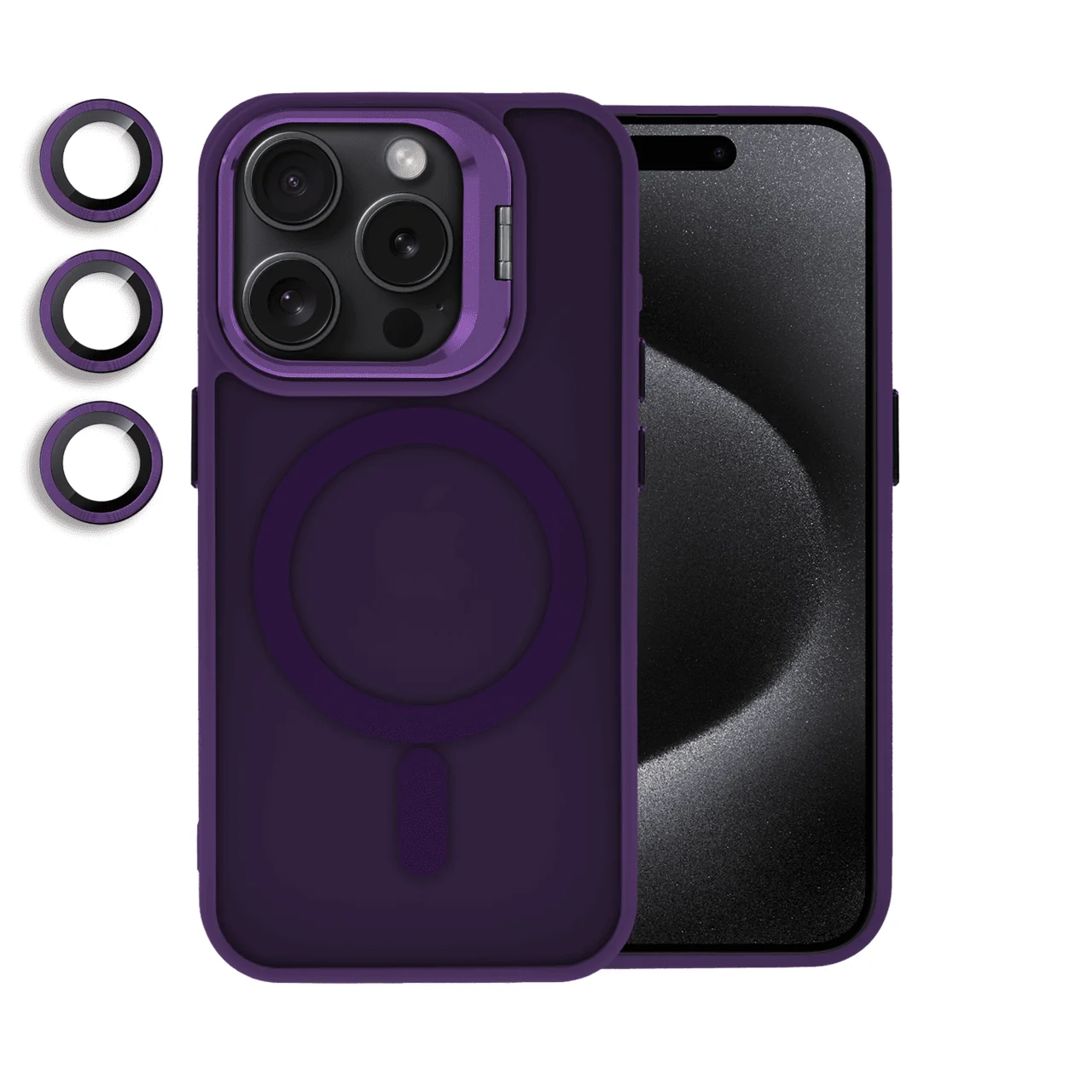 etui do iphone 15 pro 3w1 arctic stand, półprzeźroczyste, z osłoną aparatu i podstawką, ciemno purpurowe
