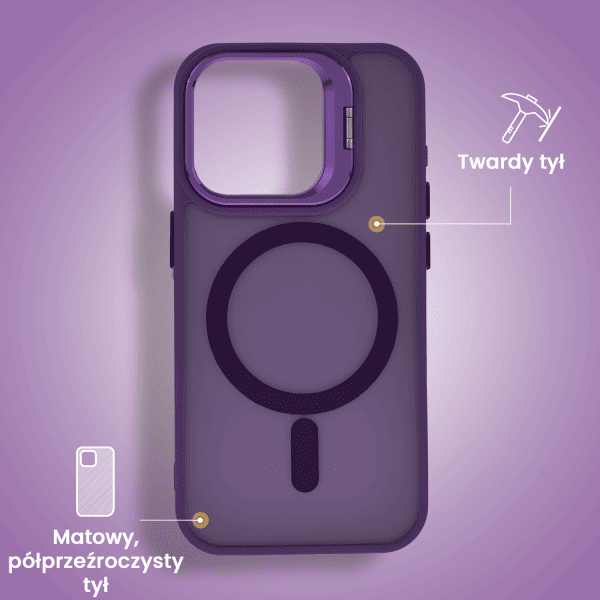 etui do iphone 15 pro 3w1 arctic stand, półprzeźroczyste, z osłoną aparatu i podstawką, ciemno purpurowe