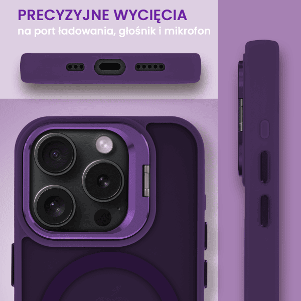 etui do iphone 15 pro 3w1 arctic stand, półprzeźroczyste, z osłoną aparatu i podstawką, ciemno purpurowe