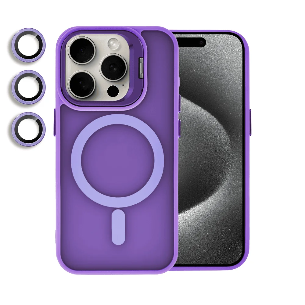 Etui do iPhone 15 Pro Arctic Stand, półprzeźroczyste, z osłoną aparatu i podstawką, purpurowe