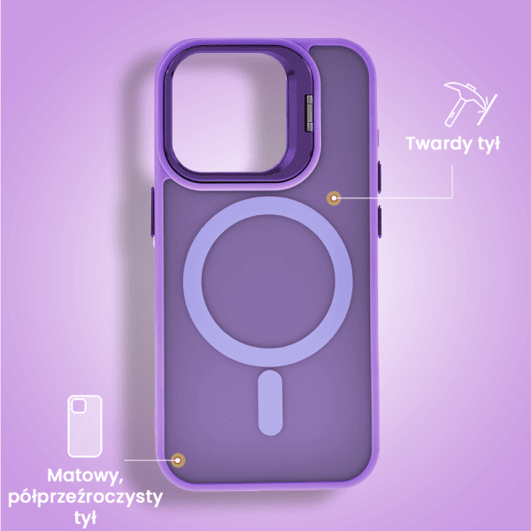 etui do iphone 15 pro max 3w1 arctic stand, półprzeźroczyste, z osłoną aparatu i podstawką, purpurowe
