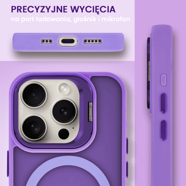 etui do iphone 15 pro max 3w1 arctic stand, półprzeźroczyste, z osłoną aparatu i podstawką, purpurowe