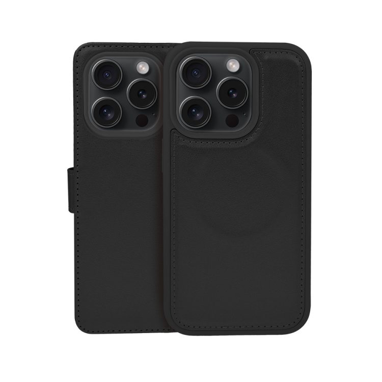 etui do iphone 15 pro max 3w1 magsafe double book, zestaw etui oraz kabura z podstawką, czarne