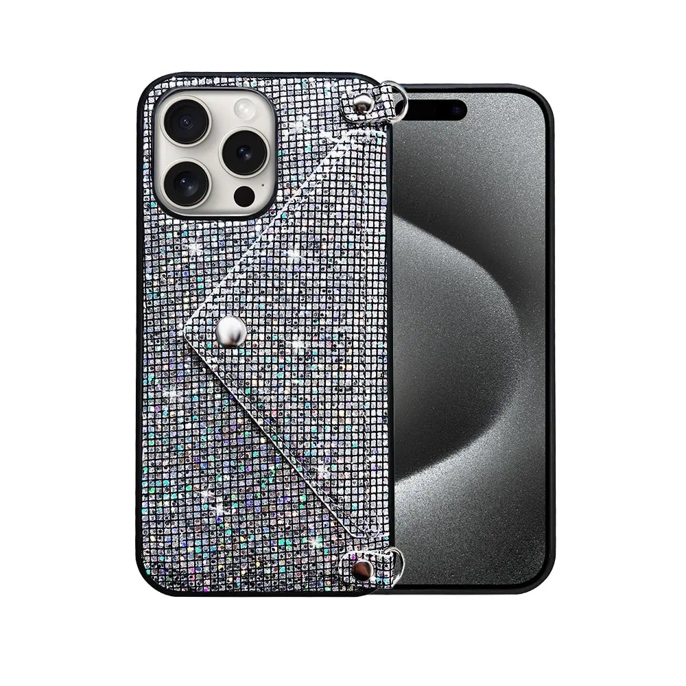 Etui do iPhone 15 Pro, eleganckie, błyszczące, torebka z łańcuszkiem, srebrne