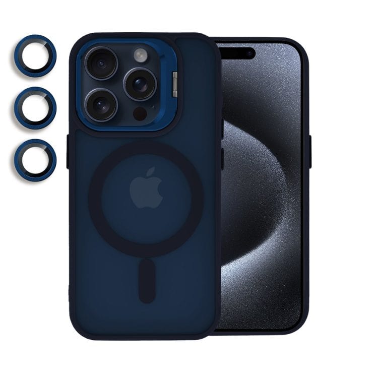 etui do iphone 15 pro max 3w1 arctic stand, półprzeźroczyste, z osłoną aparatu i podstawką, granatowe