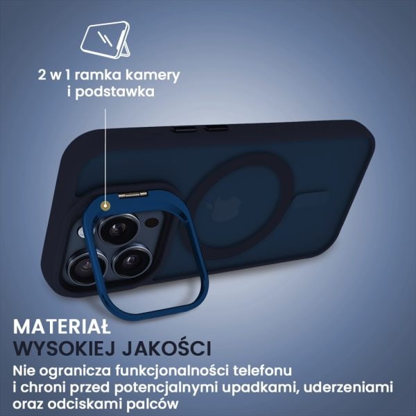 etui do iphone 15 pro max 3w1 arctic stand, półprzeźroczyste, z osłoną aparatu i podstawką, granatowe