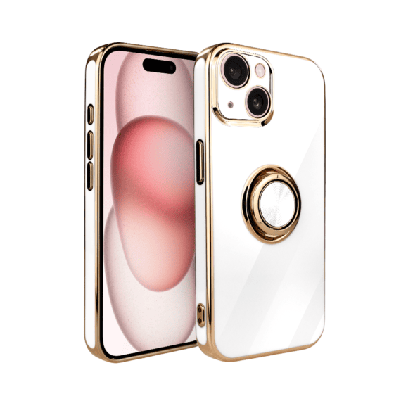 Etui do iPhone 15 eleganckie, ze złotym, metalowym uchwytem i zdobieniami, osłona na aparat, białe1