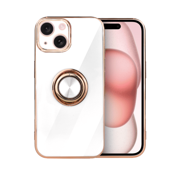 Etui do iPhone 15 eleganckie, ze złotym, metalowym uchwytem i zdobieniami, osłona na aparat, białe2