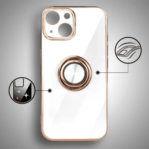 Etui do iPhone 15 eleganckie, ze złotym, metalowym uchwytem i zdobieniami, osłona na aparat, białe3