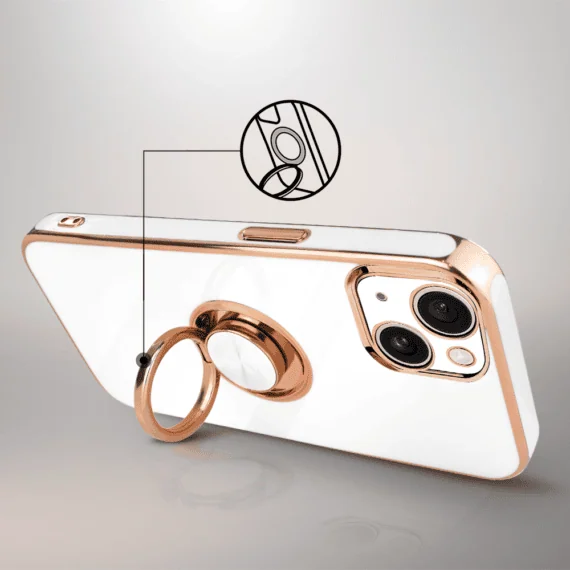 Etui do iPhone 15 eleganckie, ze złotym, metalowym uchwytem i zdobieniami, osłona na aparat, białe4