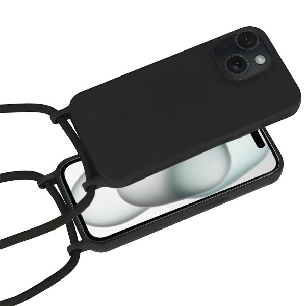etui do iphone 15 wzmacniane crossbody z czarną smyczą jak torebka, czarne
