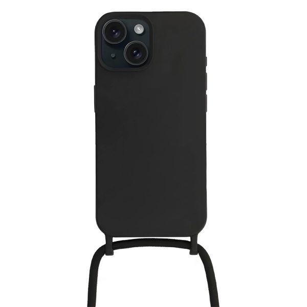 etui do iphone 15 wzmacniane crossbody z czarną smyczą jak torebka, czarne