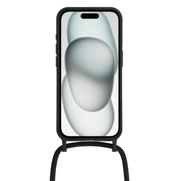 etui do iphone 15 wzmacniane crossbody z czarną smyczą jak torebka, czarne