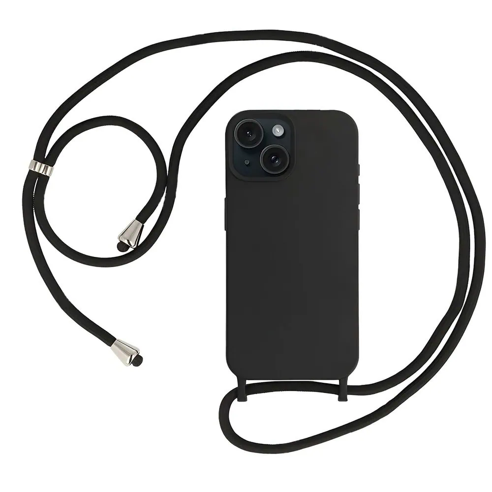 etui do iphone 15 wzmacniane crossbody z czarną smyczą jak torebka, czarne