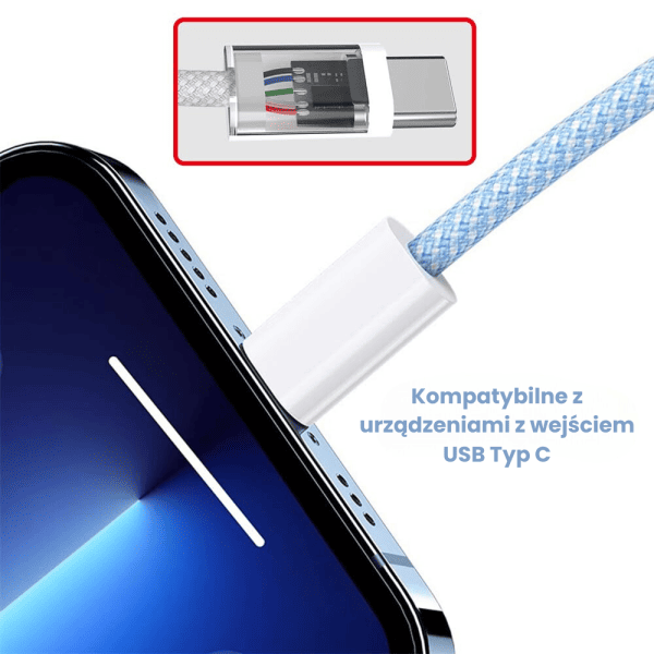 kabel 2x typ c pd 60w, do iphone 15 (wszystkie modele) i tableta/laptopa, 1 metr, niebieski