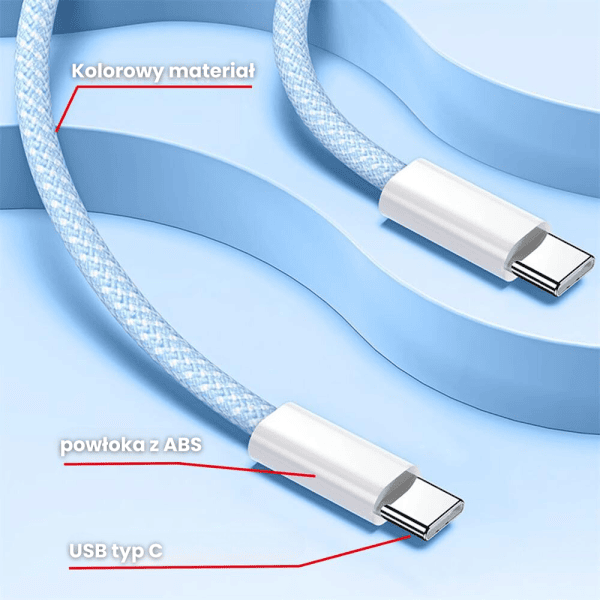 kabel 2x typ c pd 60w, do iphone 15 (wszystkie modele) i tableta/laptopa, 1 metr, niebieski