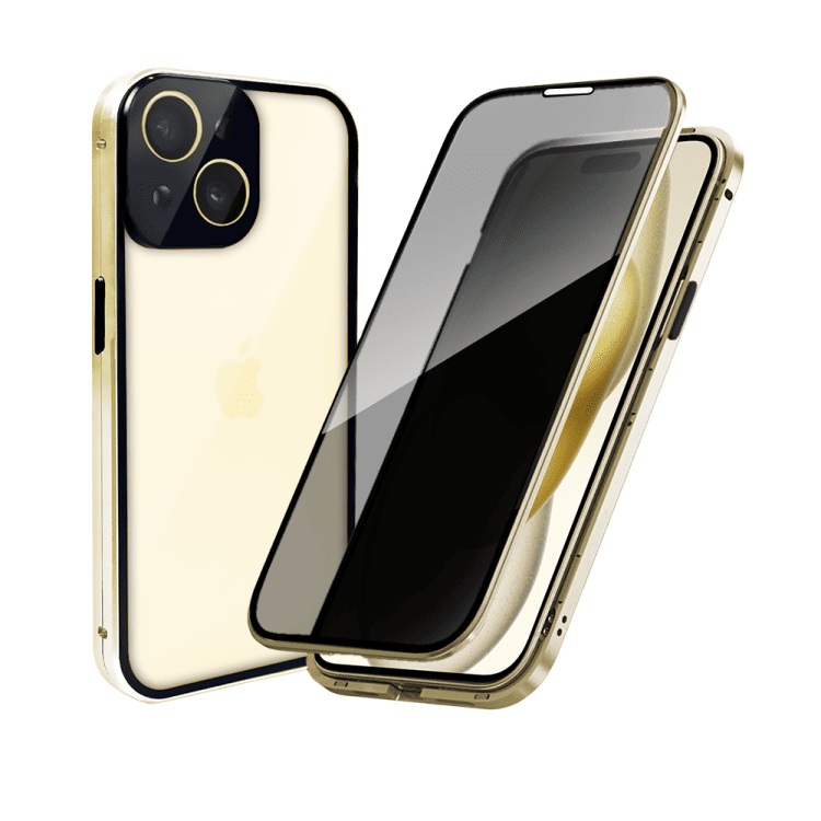 obudowa do iphone 15 plus, pancerna szyba i aluminium 360° przód + tył magnetyczna, z osłoną aparatu i szkłem prywatyzującym, złota