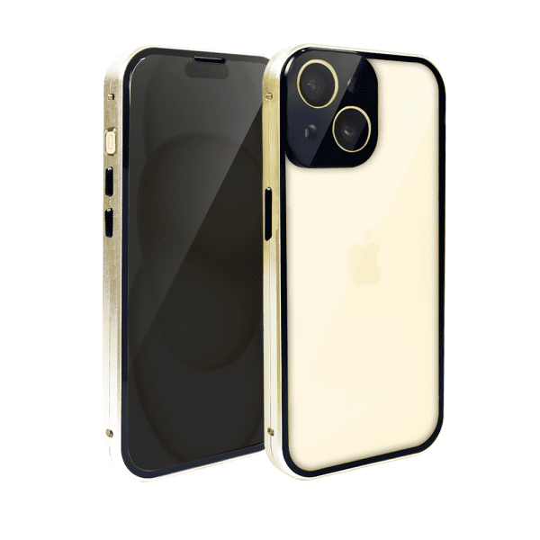 obudowa do iphone 15 plus, pancerna szyba i aluminium 360° przód + tył magnetyczna, z osłoną aparatu i szkłem prywatyzującym, złota
