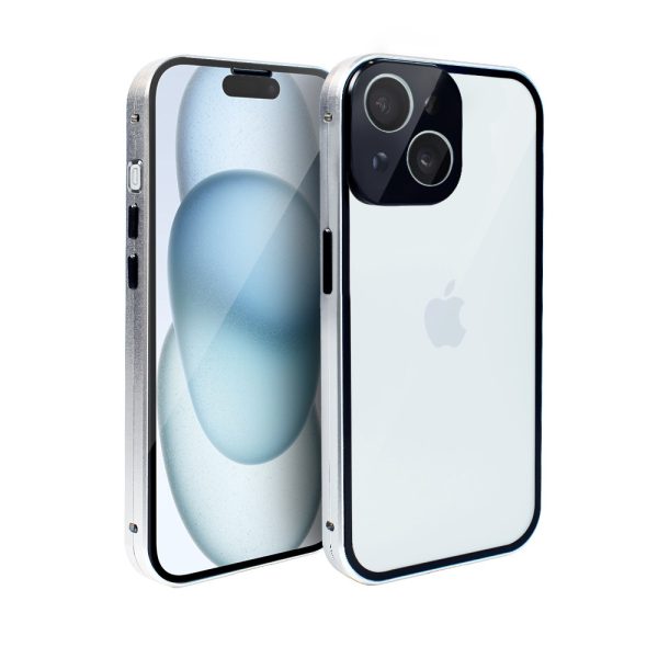 obudowa do iphone 15 pro pancerna szyba i aluminium 360° przód + tył magnetyczna, z osłoną aparatu, srebrna (kopia)