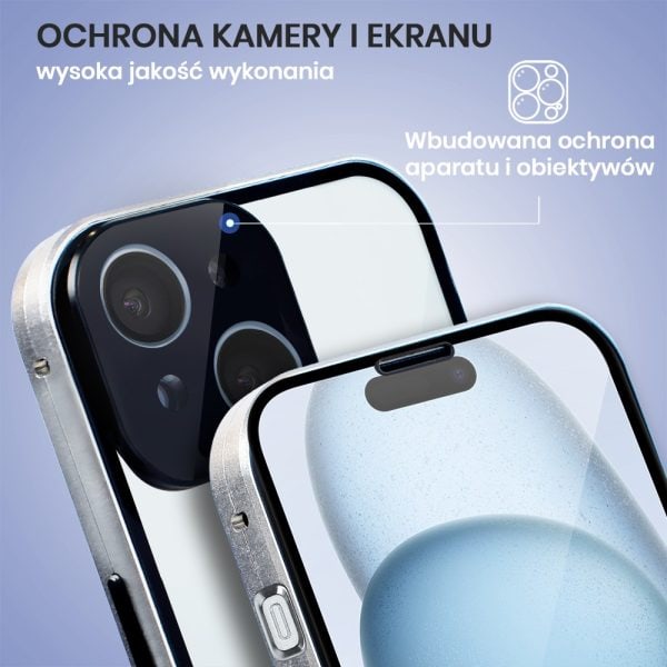 obudowa do iphone 15 pro pancerna szyba i aluminium 360° przód + tył magnetyczna, z osłoną aparatu, srebrna (kopia)