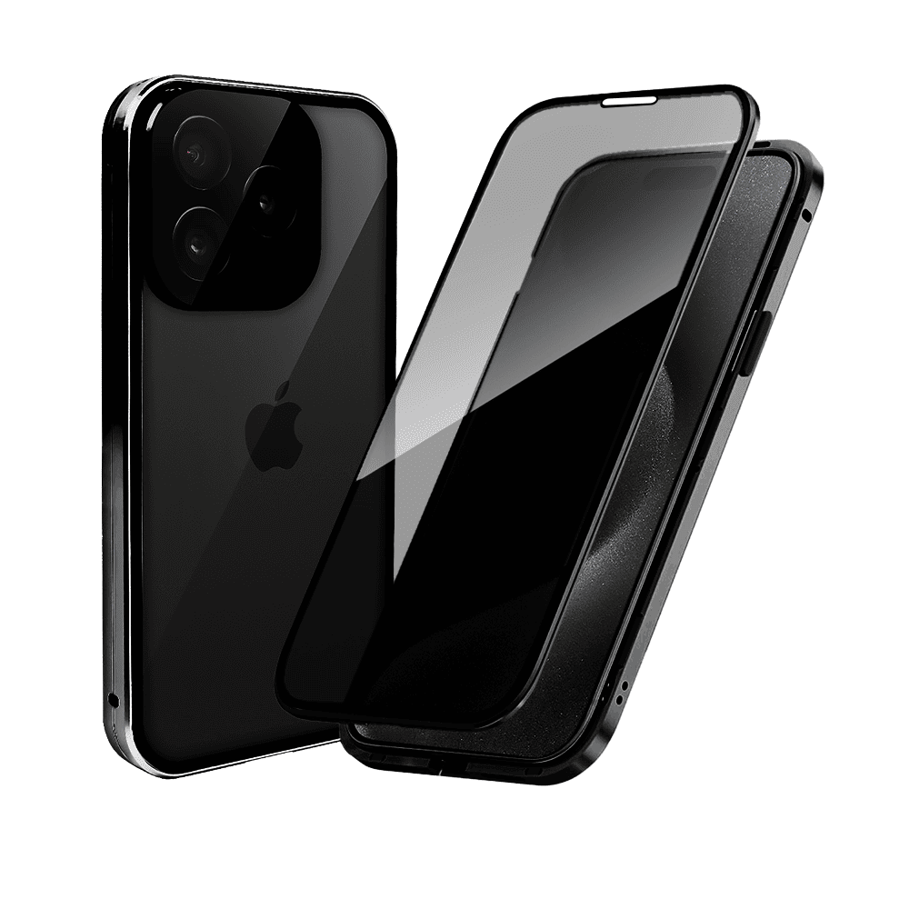 Obudowa do iPhone 15 Pro Max, pancerna szyba i aluminium 360° przód + tył magnetyczna, z osłoną aparatu i szkłem prywatyzującym, czarna