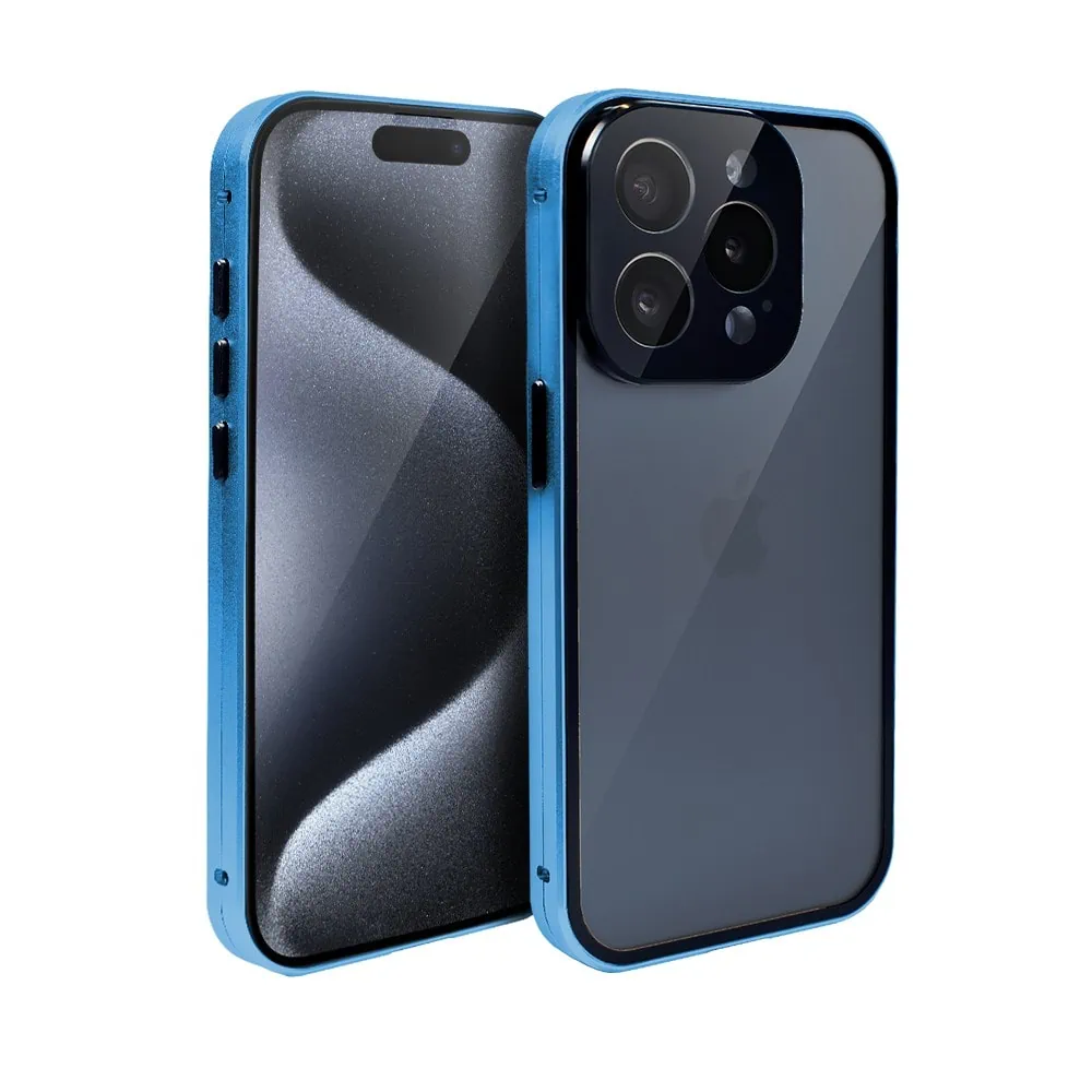 Obudowa do iPhone 15 Pro, pancerna szyba i aluminium 360° przód + tył magnetyczna, z osłoną aparatu, niebieska