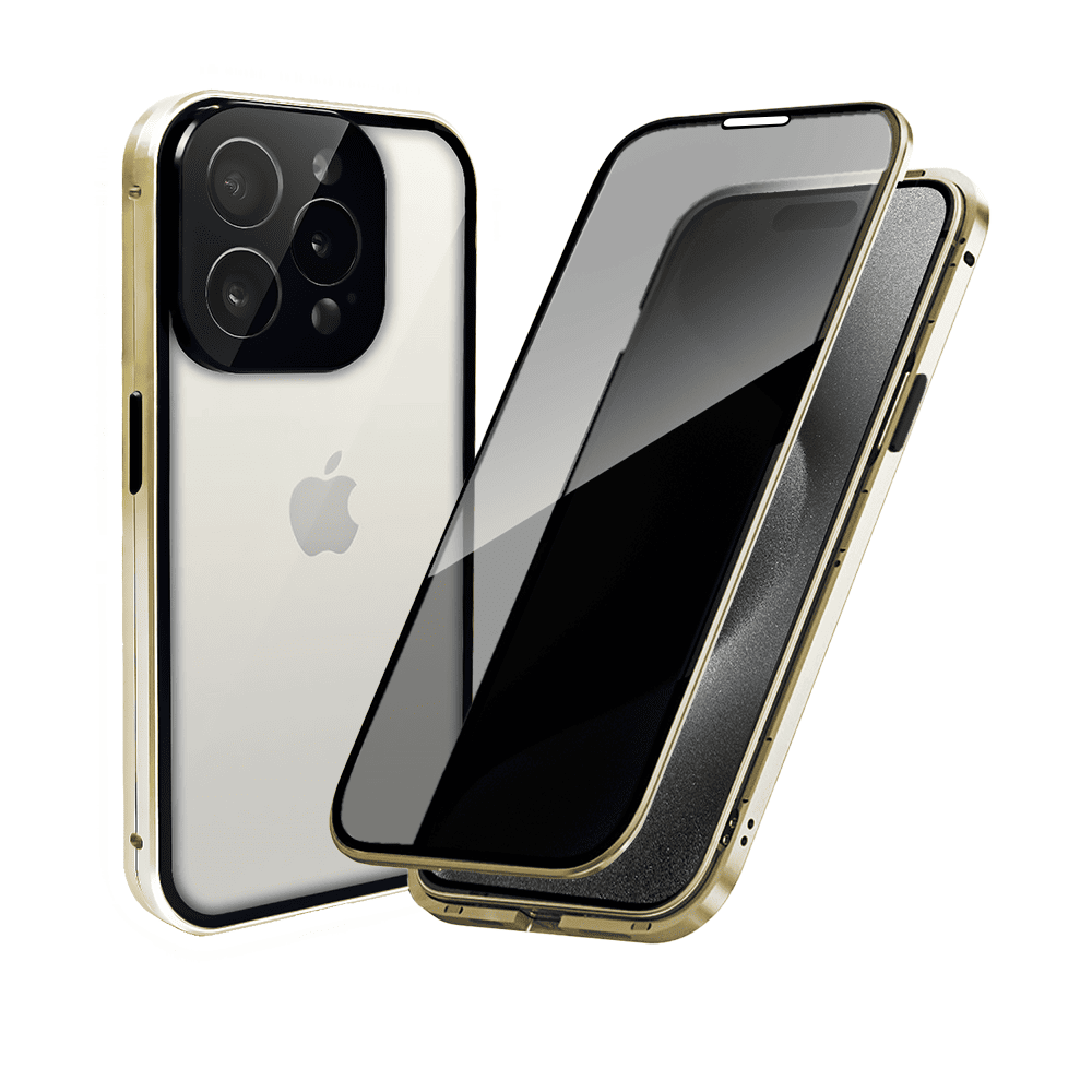 obudowa do iphone 15 pro max, pancerna szyba i aluminium 360° przód + tył magnetyczna, z osłoną aparatu i szkłem prywatyzującym, złota