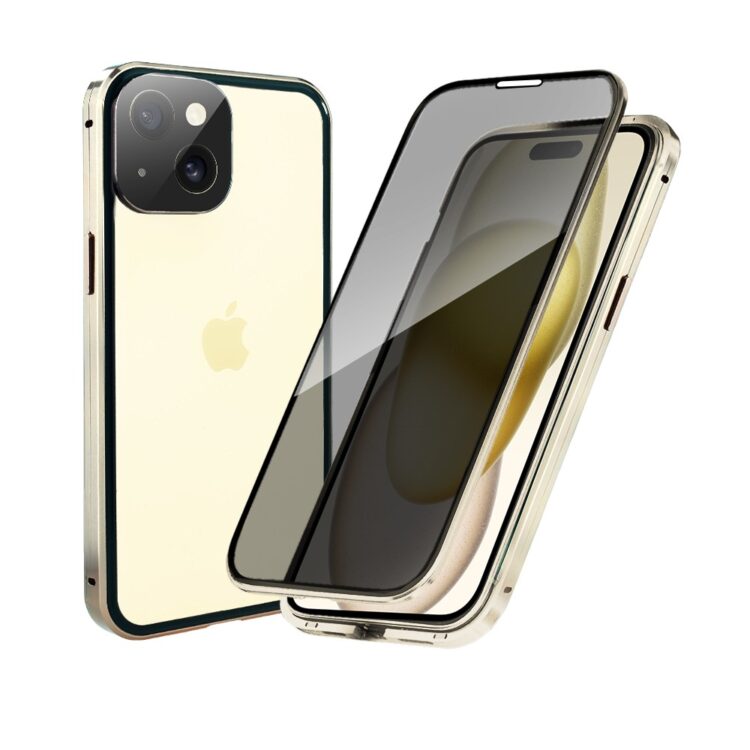 Obudowa do iPhone 15, podwójna szyba i aluminium 360° przód + tył magnetyczna, z osłoną aparatu i szkłem prywatyzującym, złota (8)