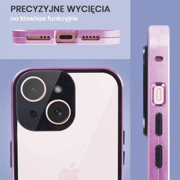 obudowa do iphone 15 plus, pancerna szyba i aluminium 360° przód + tył magnetyczna, z osłoną aparatu, fioletowa