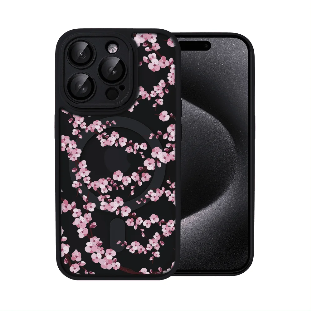 Etui do iPhone 15 Pro Max, Color Flush z Magsafe, z osłoną aparatu, z nadrukiem sakura, kwiat wiśni, czarne
