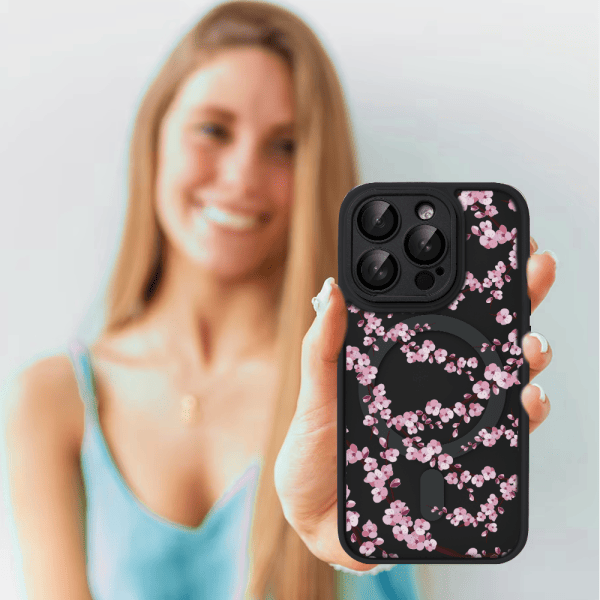 Etui do iPhone iPhone 15 Pro Max, Color Flush z Magsafe, z osłoną aparatu, z nadrukiem sakura, kwiat wiśni, czarne
