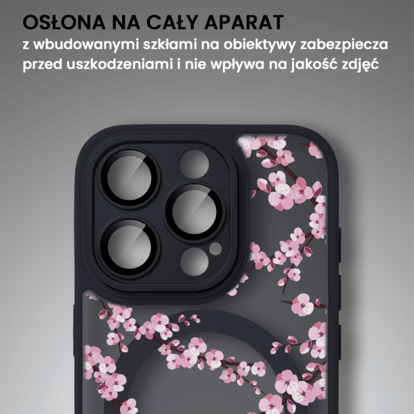 Etui do iPhone iPhone 15 Pro Max, Color Flush z Magsafe, z osłoną aparatu, z nadrukiem sakura, kwiat wiśni, czarne