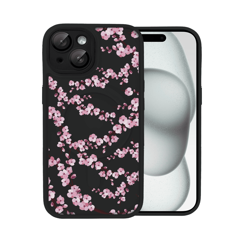 Etui do iPhone iPhone 15, Color Flush z Magsafe, z osłoną aparatu, z nadrukiem sakura, kwiat wiśni, czarne