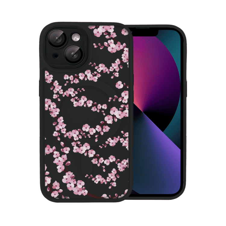 Etui do iPhone 13 Plus, Color Flush z Magsafe, z osłoną aparatu, z nadrukiem sakura, kwiat wiśni, czarne