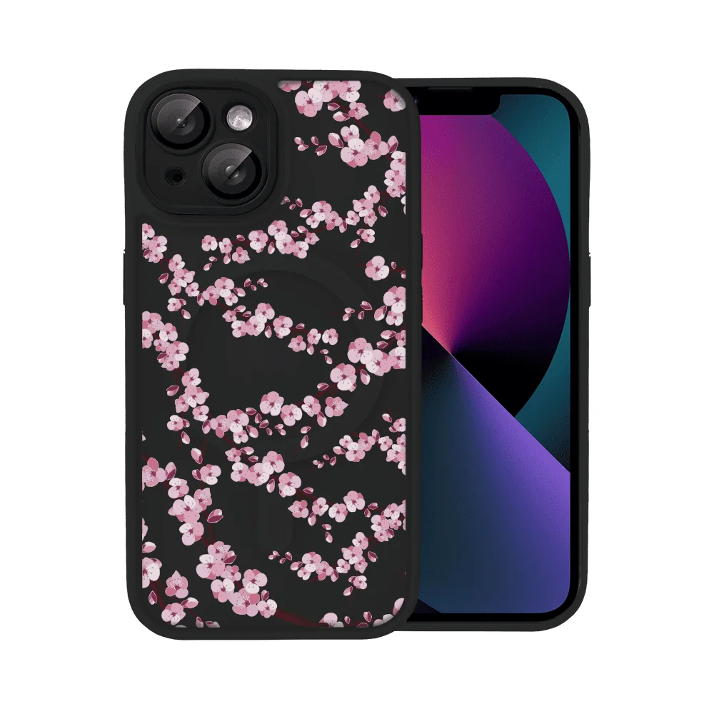 Etui do iPhone 14, Color Flush z Magsafe, z osłoną aparatu, z nadrukiem sakura, kwiat wiśni, czarne