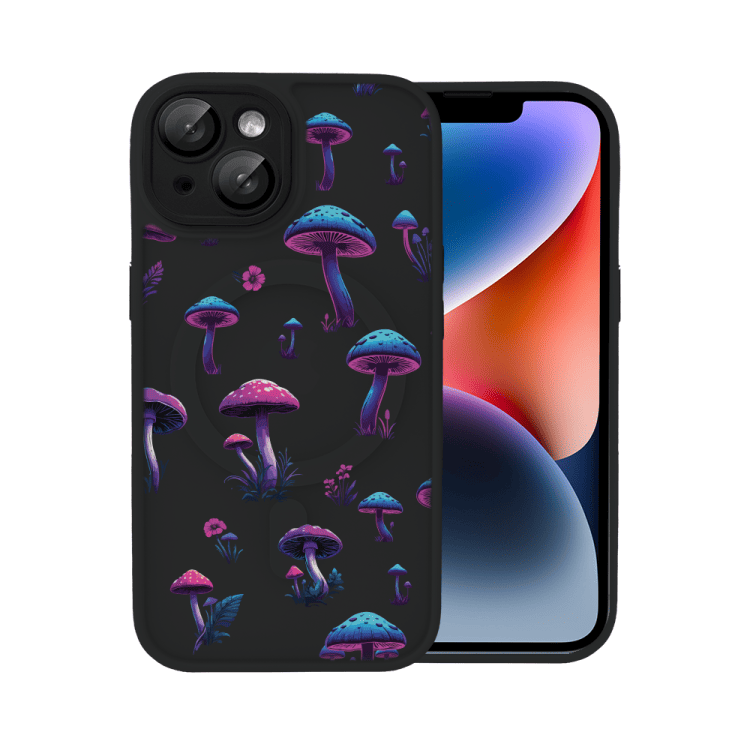 Etui do iPhone 14 Color Flush z Magsafe, z osłoną aparatu, z nadrukiem magiczne grzybki, czarne