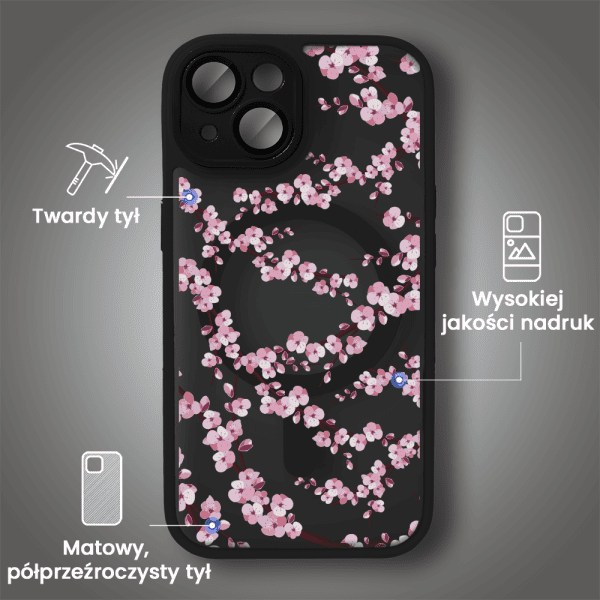 etui do iphone 14, color flush z magsafe, z osłoną aparatu, z nadrukiem sakura, kwiat wiśni, czarne