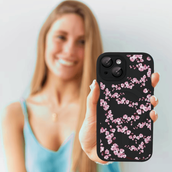 etui do iphone 14, color flush z magsafe, z osłoną aparatu, z nadrukiem sakura, kwiat wiśni, czarne